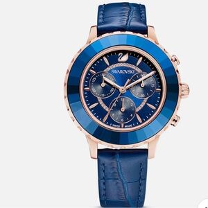 Swarovski Octea Lux Chrono watch, Leather strap, Blue, Rose gold-tone